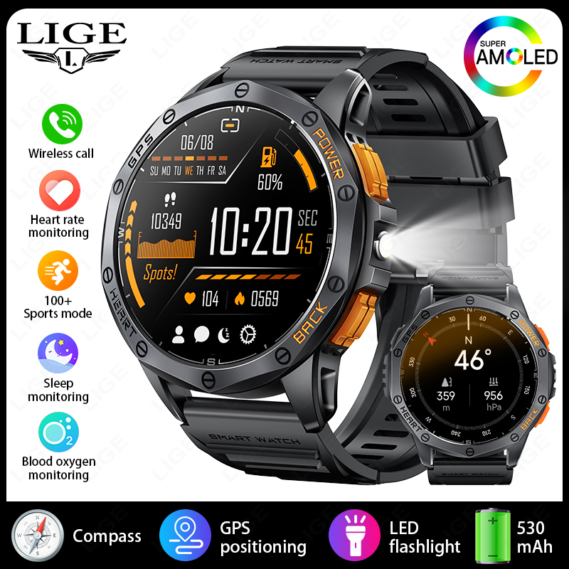 Lige novo relógio inteligente de rastreamento gps masculino 4gb memória tela amoled freqüência cardíaca bluetooth chamada ao ar livre bússola à prova dwaterproof água smartwatches: BRANCO