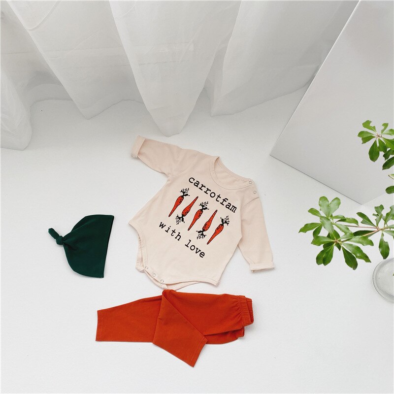 3pcs/set Cute -born Girls Pijama Autumn Carrot Pattern Long Sleeve Romper+Pant+Hat Baby Boys Homewear Sleeping Suit Toddler