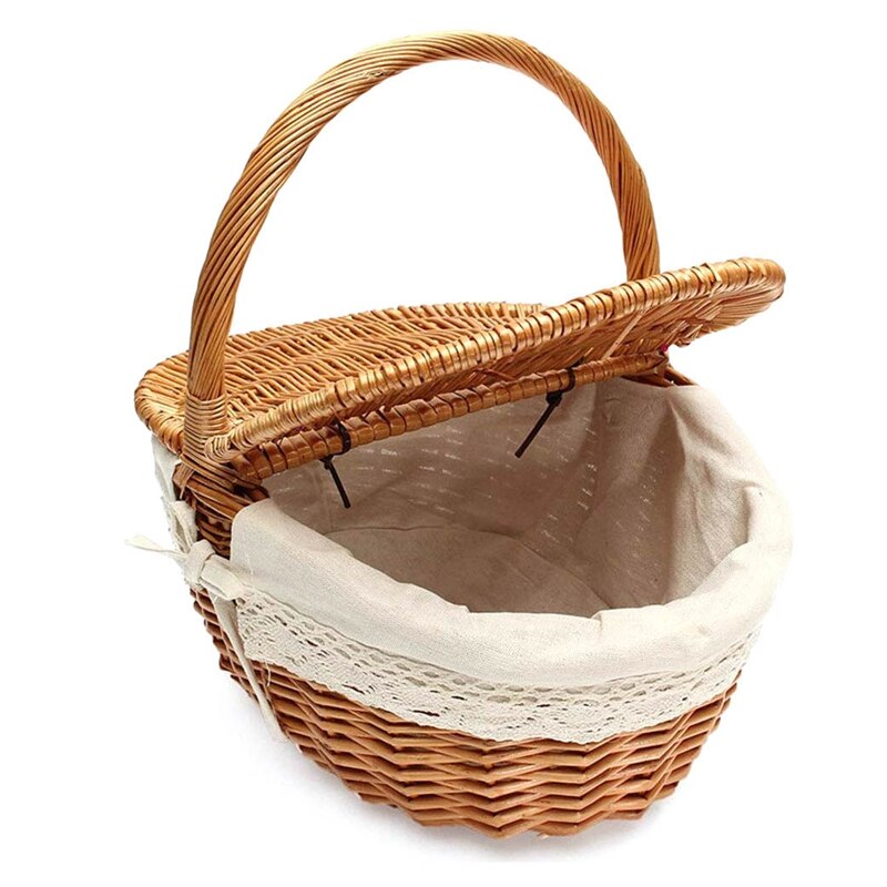 Handmade Wicker Basket with Handle, Wicker Camping Picnic Basket with Double Lids, Shopping Storage Hamper Basket with Cloth Lin