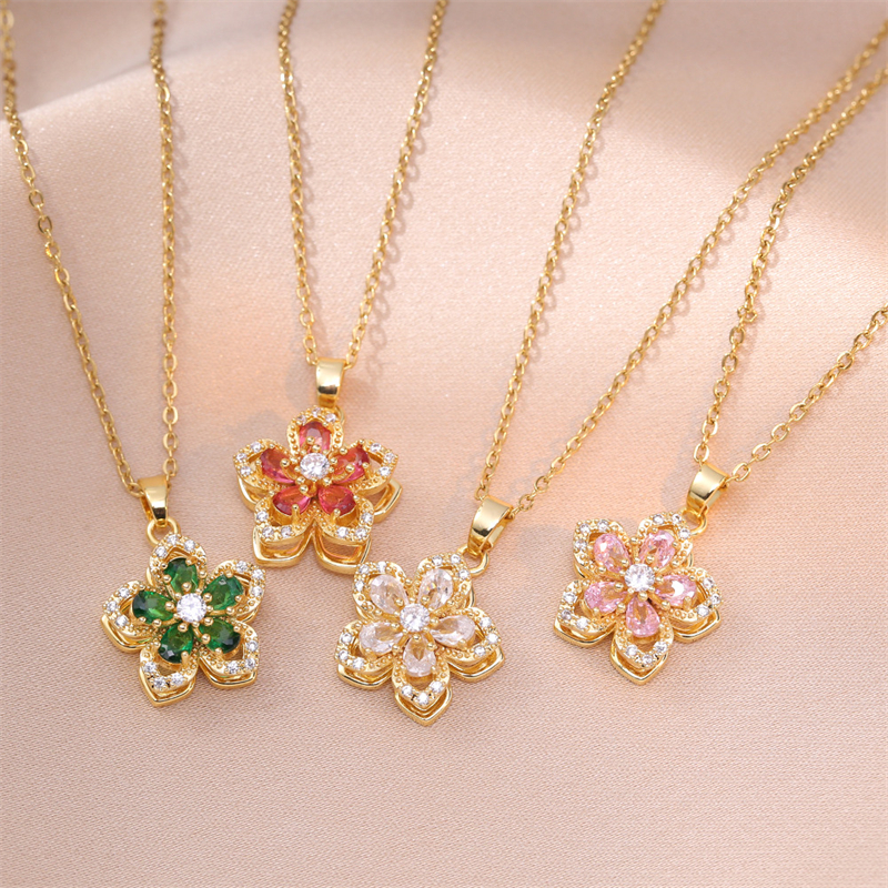 Collar con colgante de flor romántica de circón brillante para mujer, gargantilla de flores giratoria chapada en oro, joyería de lujo para de boda para niñas