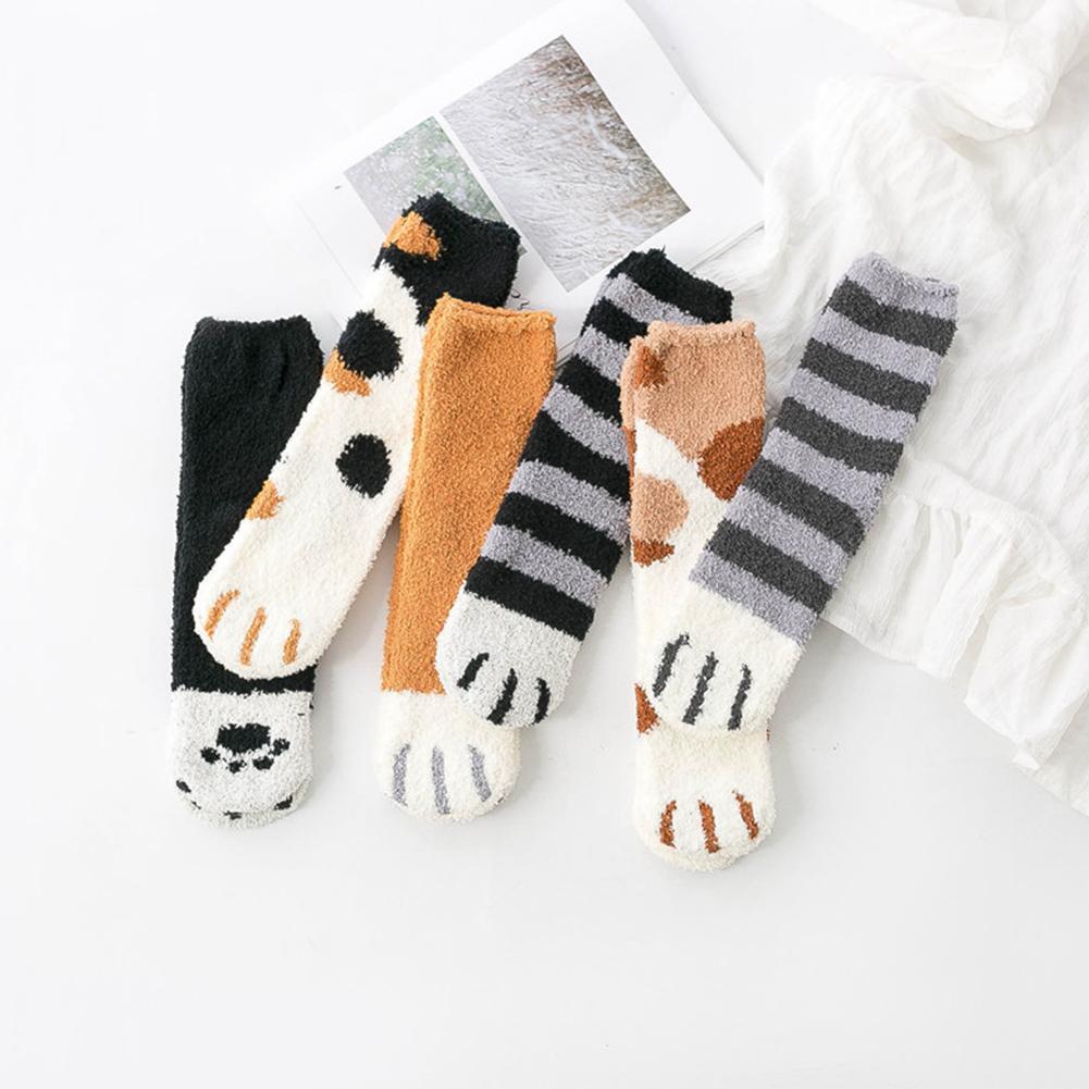 1 par Coral lana calcetines huellas gato estampado de huella Calcetines gruesos lote más cálido invierno de dibujos animados dormir de X3O6