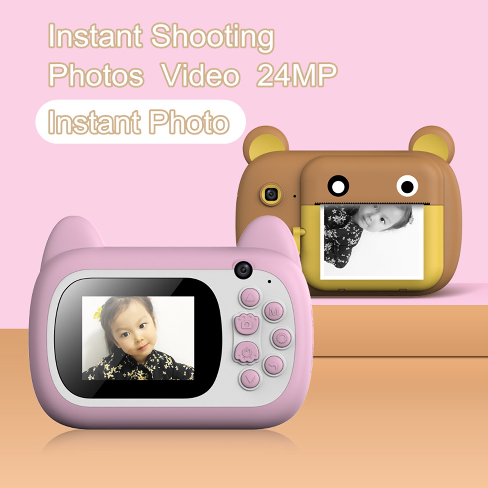 A7 Kids Camera 1080P Digital Instant Camera Photo Printer with 24Mp Dual Cameras 2.4inch Camera Print 32G TF Card for Children