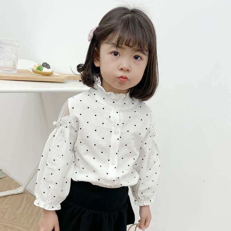 autumn Korean girls' shirt foreign style long-sleeved cotton stand-up collar cardigan children's round wave dot shirt