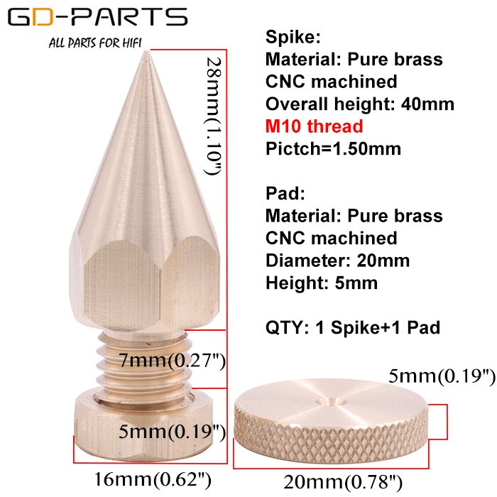 M6 m8 m10 rosca de bronze alto-falante pés pico alta fidelidade amp plataforma giratória gravador estúdio monitor instrumento suporte isolamento cone perna amortecedor: M10-(10mm Thread)