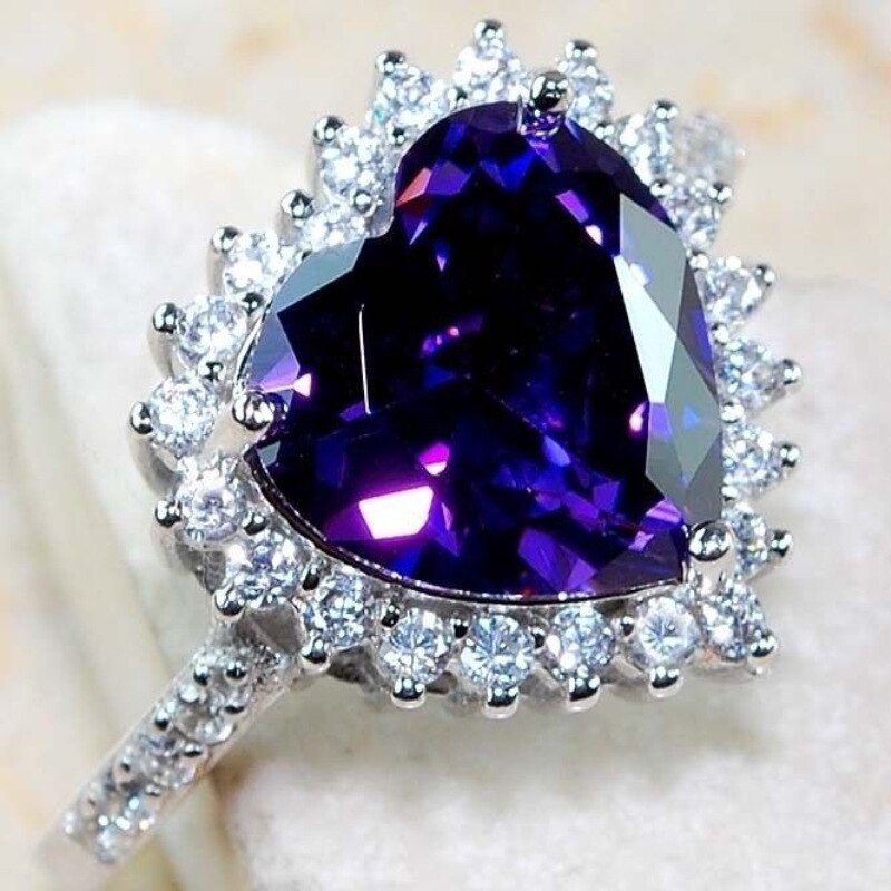 Charm Silver Color Women's Rings Purple Heart Shape Zircon Queen Rings Crystal Princess Bands Engagement Wedding Jewelry