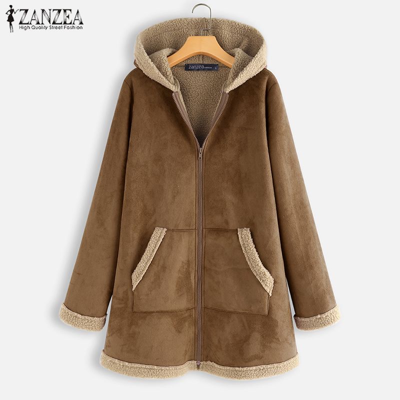 Plus Größe ZANZEA Winter Reißverschluss Vlies Jacken Frauen Jahrgang Feste Kapuze Langarm Warme Mäntel Mäntel Femme Outwear