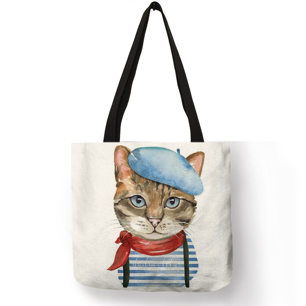 Cute Cat Print Reusable Shopping Bag Women Bags Summer Tote Bag Traveling School Bags B06034: 001