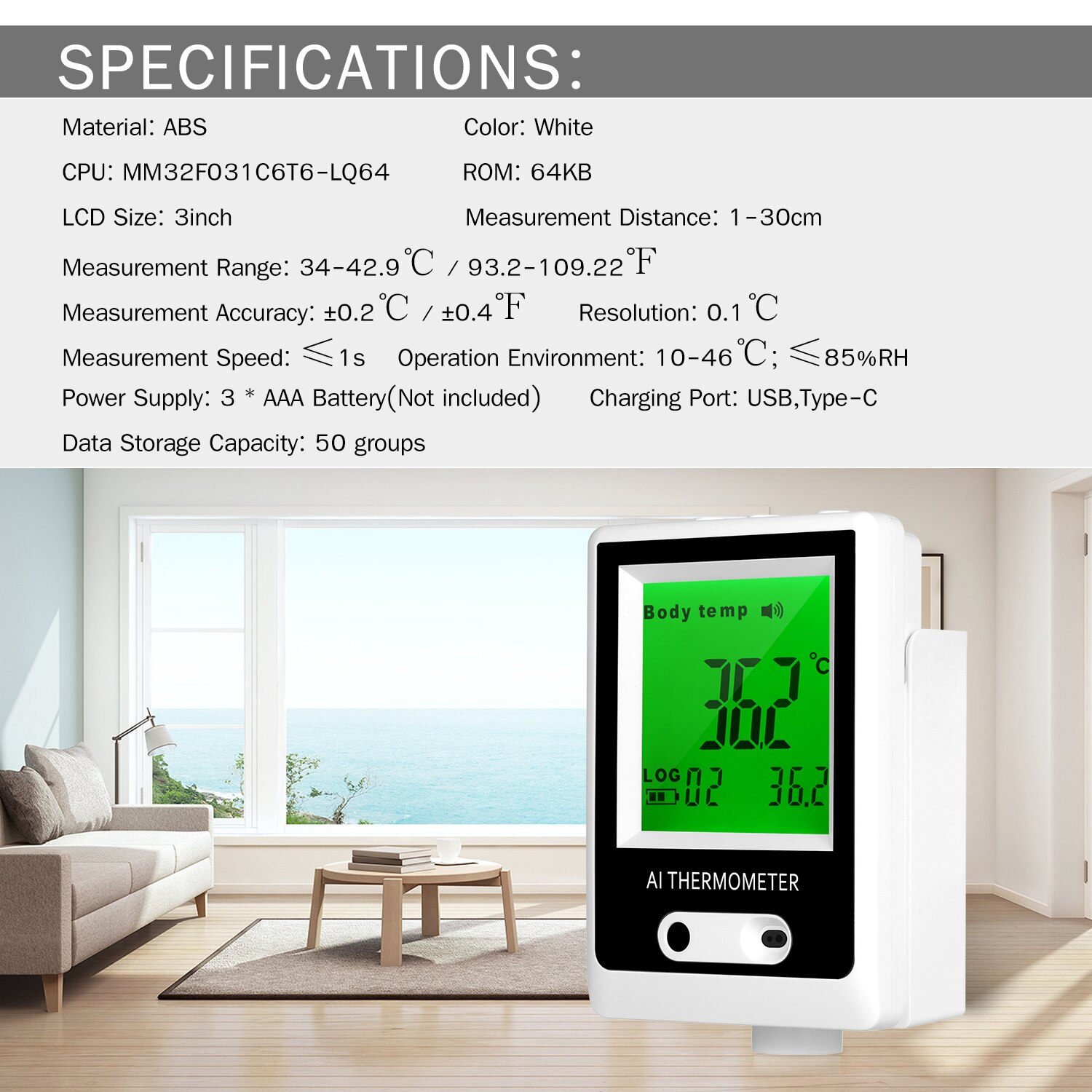 Non-Contact Infrared Thermometer Automatic Intelligent Thermometer Wall Mounted Thermodetector AI Alarm Thermometer ℃/℉