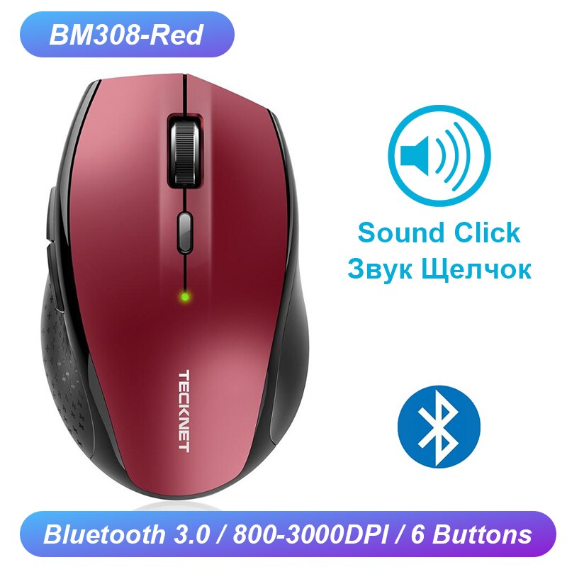 TeckNet Computer Wireless Gaming Mouse 6 Buttons 2400 DPI Mause 2.4G Receiver USB Optical Ergonomic Mouse Gamer Wireless For Lap: BM308 Red