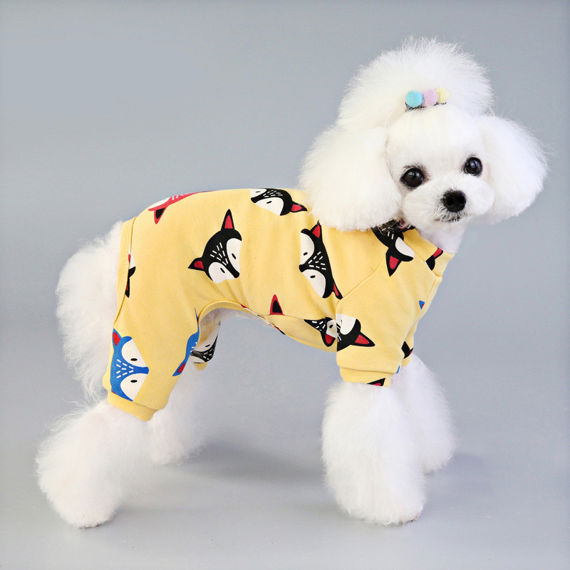 Söt katt pyjamas husdjurskläder för små hundar pyjamas valp jumpsuit för medelstora hundar sovkläder rävtryck skjorta chihuahua kappa: Gul / Xxl