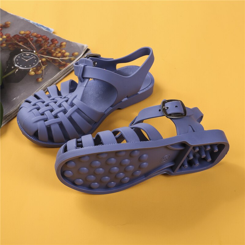 Sandales plates d'été pour enfants, chaussures de marche ajourées, couleur unie, pour filles et garçons