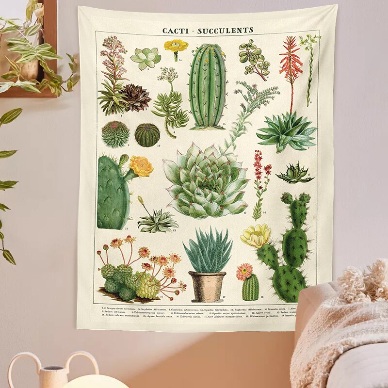 Botanisk kaktus billedvev veggheng retro kaktus sukkulenter soppkart hippie bohem psykedelisk hekseri hjemmeinnredning