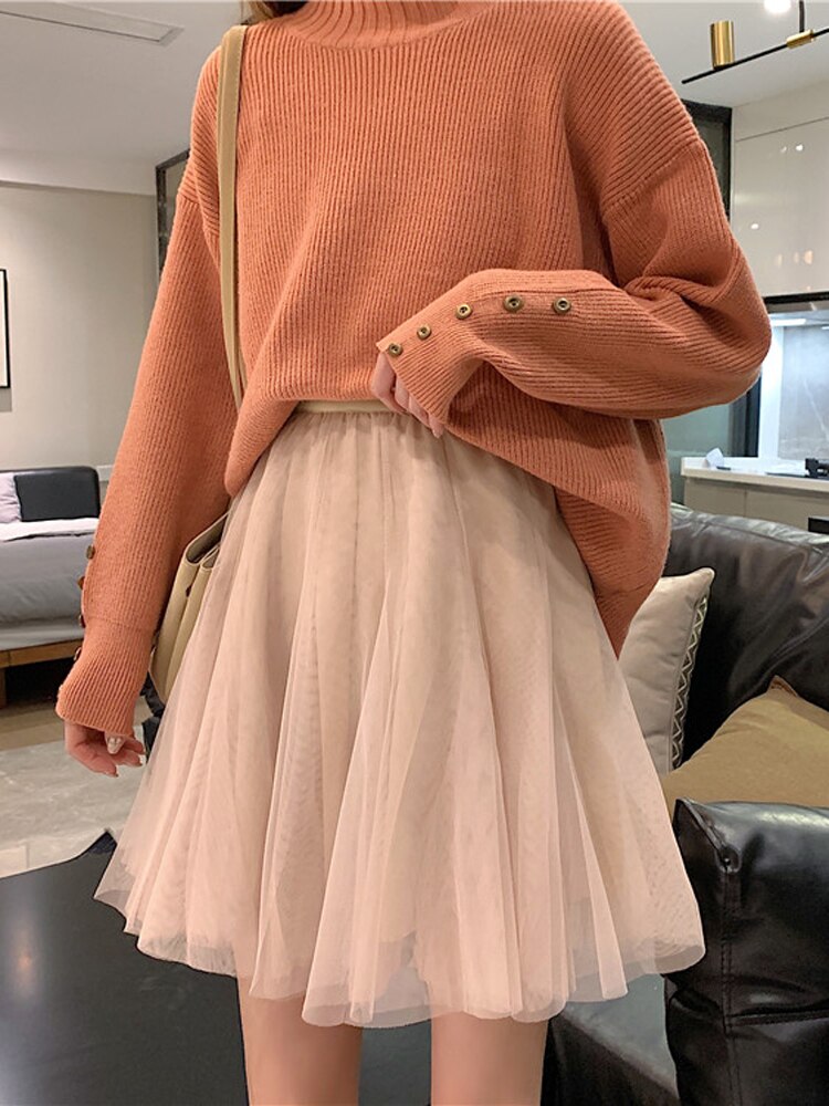 Minifalda de tul para mujer, Falda corta de malla coreana, cintura alta elástica, color negro liso, ropa de mujer,