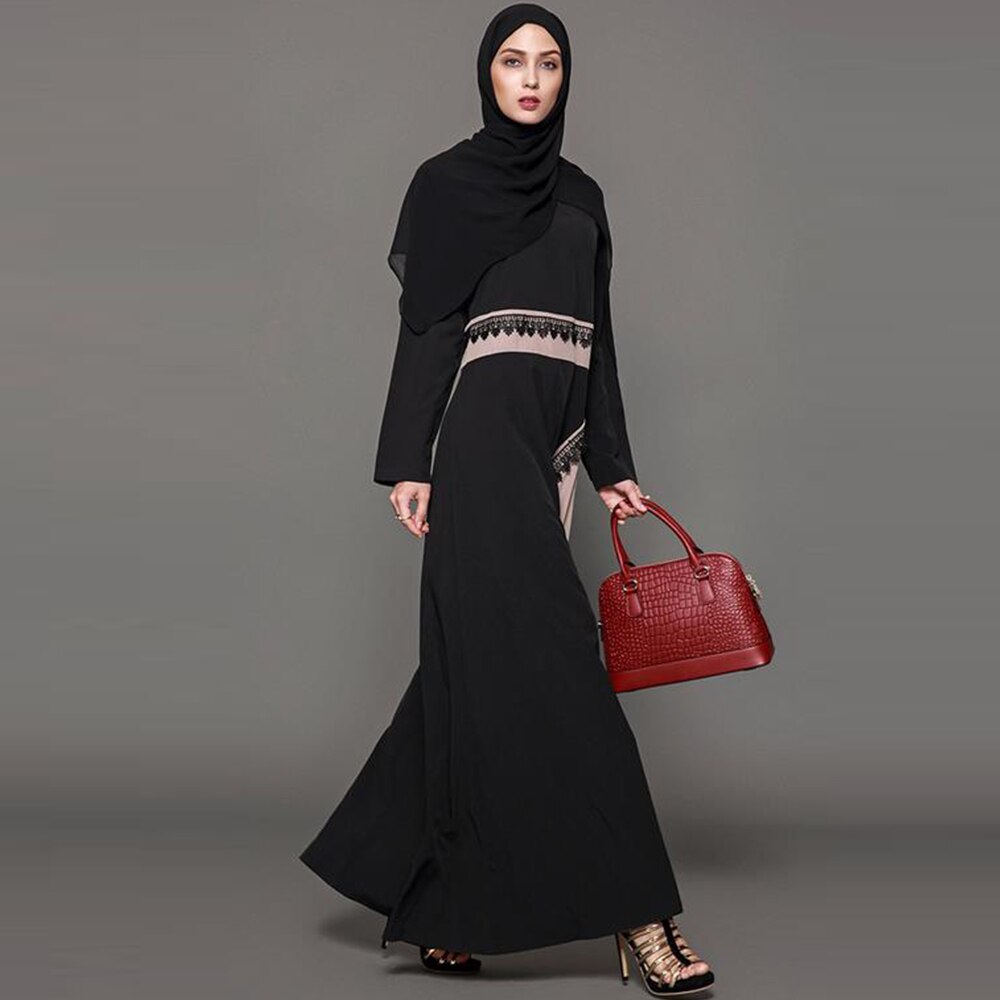 Adult Modest Muslim Abaya Arab Robe Turkish Patchwork Black Full Length O-Neck Dress Dubai Muslims Women Dresses Islamic