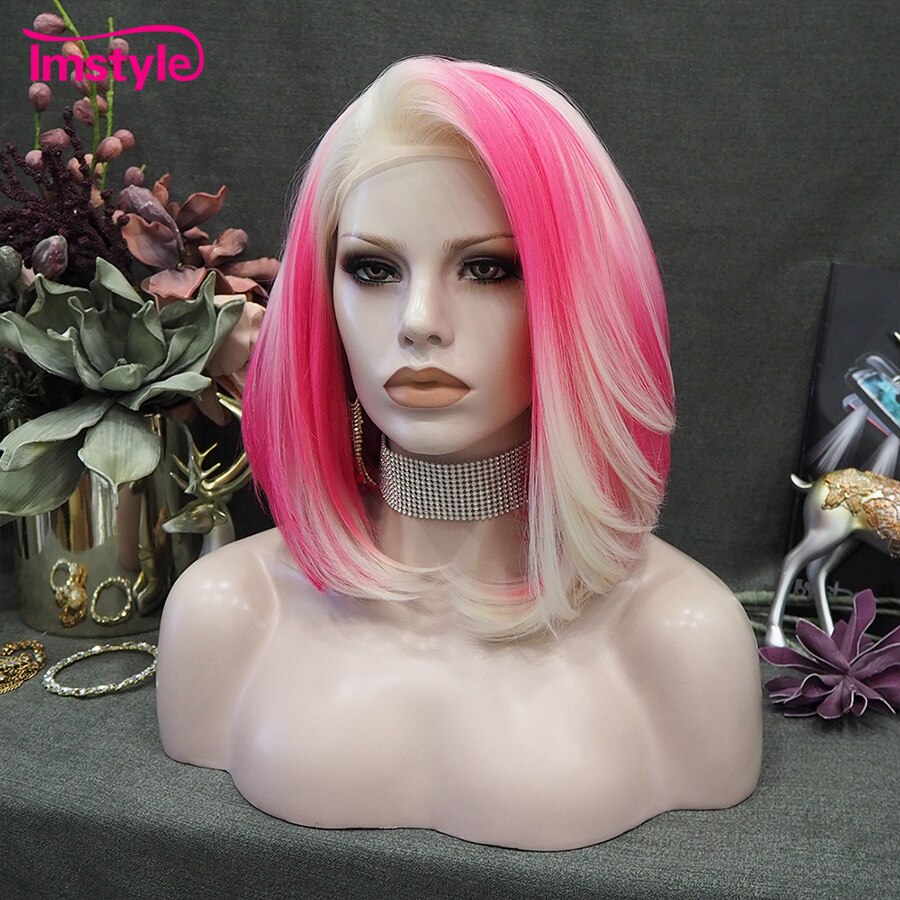 Imstyle Roze Blonde Pruik Korte Bob Pruiken Voor Vrouwen Synthetische Lace Front Pruik Hittebestendige Vezel Cosplay Pruik