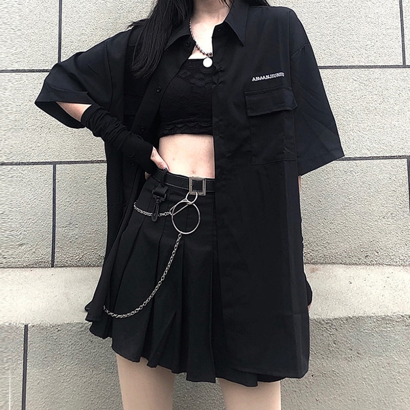 Falda negra plisada con cinturón de cadena Punk Rock Goth Girl, minifalda para animadoras con cinturón, traje para mujer: Skirt / S