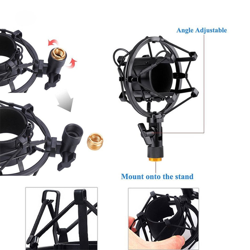 47-53mm Microphone Shock Mount Double Mesh Pop Filter & Screw Adapter Adjustable Anti Vibration Isolation Metal Mic Mount Holder