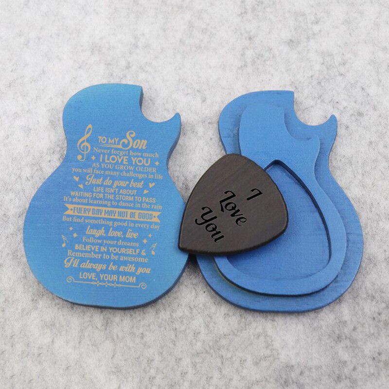 Wooden Guitar Pick Box electric guitar box lover plectrum box wedding guitar boyfriend music Q00085 Engraved: Q00085 Blue