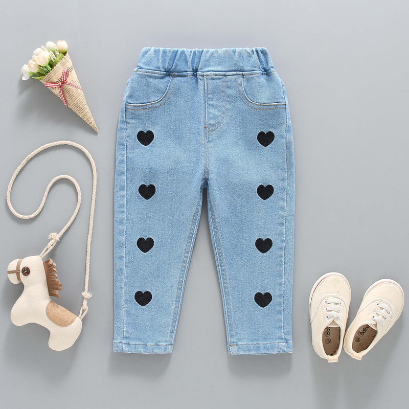 Ienens 2-6Y Kids Jeans Meisjes Denim Broek Lichte Kleur Liefde Jeans Lente Meisje Lange Broek Slim Bottoms Kinderkleding: Light blue / 5T