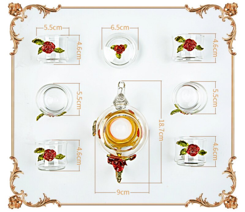Juego de té de cristal con esmalte de rosa roja, juego de tazas de vidrio para té con flores, tazas de vidrio para té para bebidas calientes y frías, juegos de té y la Oficina para el hogar,