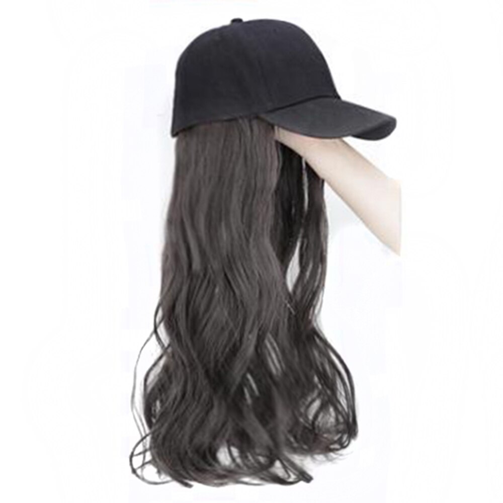 Long Straight Black Hat Baseball Cap with Hair Extension Brown Wig Hairpieces Synthetic Hair Pieces: Curly Black
