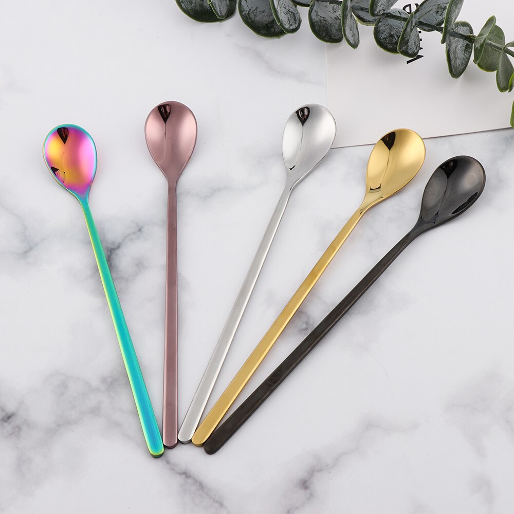 1pc kök rostfritt stål rund spade kaffesked långt handtag omrörning skopa dessert bestick mjölk te café