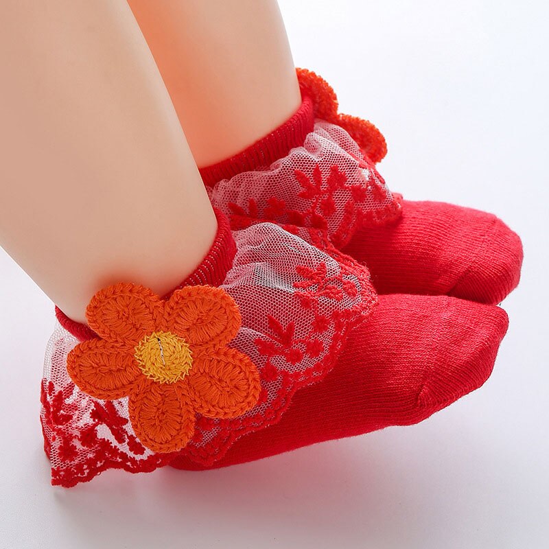 Lace Ruffle Newborn Baby Socks Spring Autumn Princess Flower Baby Girls Socks Soft Cotton Infant Short Socks 0-6M: red