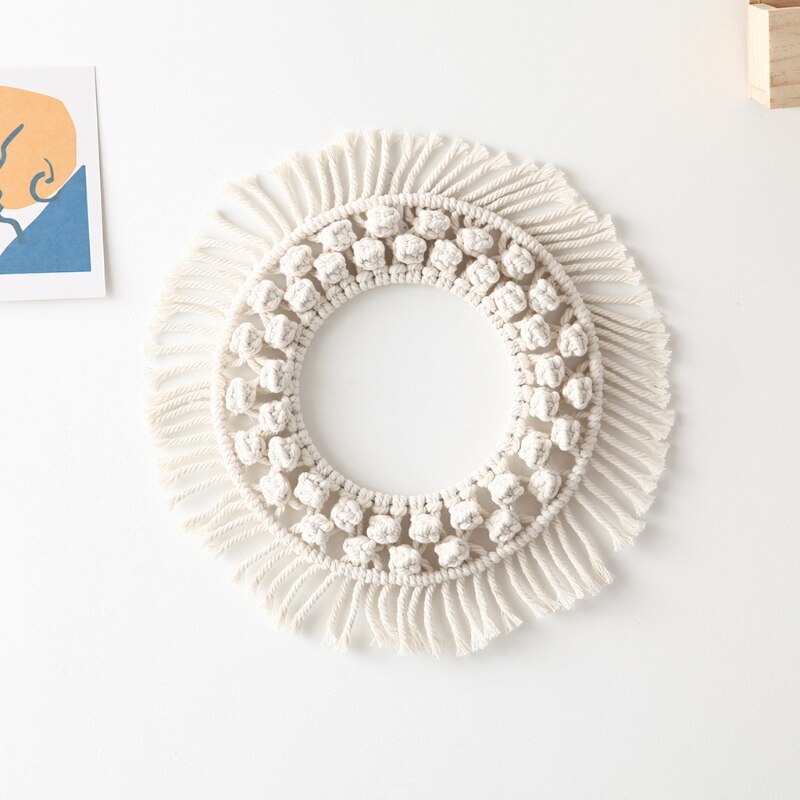Marco de espejo de pared con borlas tejido a mano, tapiz de macramé bohemio, decoración colgante de pared redonda hueca para el hogar, decoración de habitación de niños