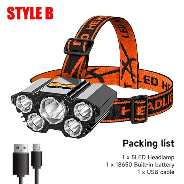 Linterna frontal de luz fuerte 5LED, linterna para cabeza de pesca recargable por USB, linterna para acampar y ciclismo, lámpara de mina montada en la cabeza: Azul