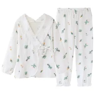 Japansk pyjamas til kvinder sommer bomuldsskåret pyjamas med jordbærprint kimono pyjamas komfortabelt nattøj 2 -delt sæt hjemmedragt: Zhiwuc