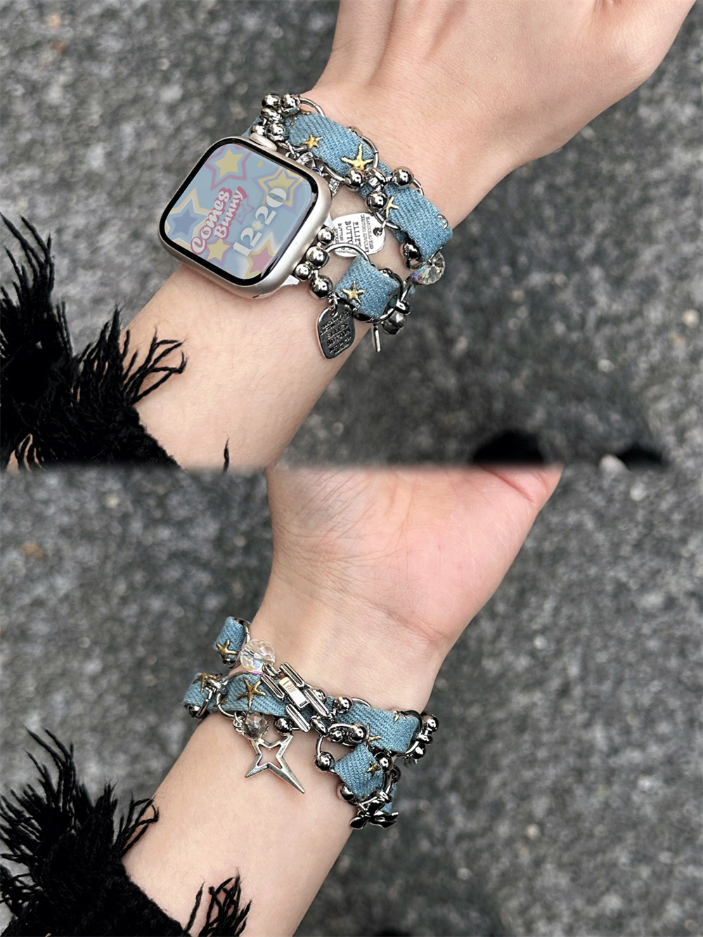 Y 2K Star Hanger Denim Lederen Band Voor Iwatch Ultra 2 9 8 7 6 5 4 Se Meisje Pols Armband Bandje Voor Apple Watch 41 40Mm 45 38 49: M