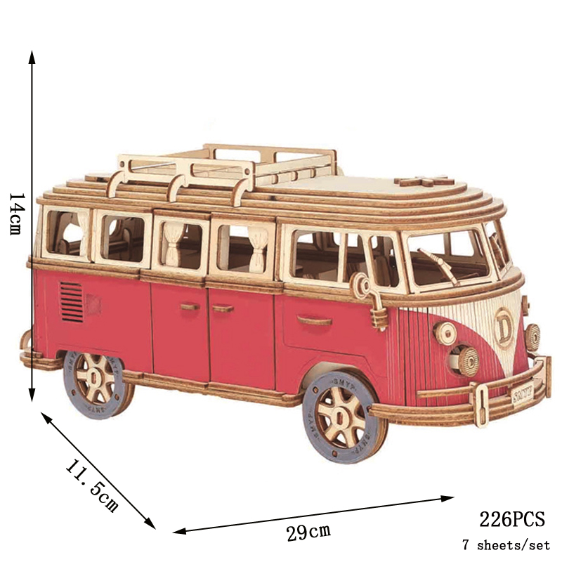 3D Wooden Puzzle Retro Bus European-style Campervan Assembled Car Model DIY Hands-on Ability Cultivate Toys For Children: Pink