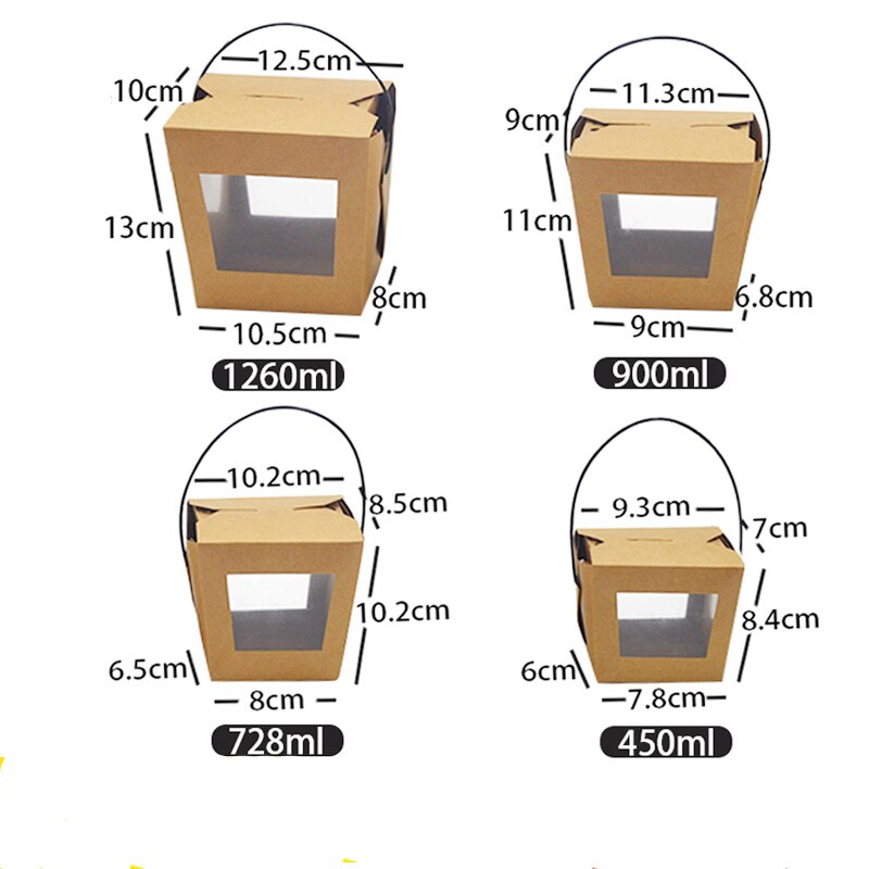 Fiambrera de papel kraft portátil, recipiente transparente para fruta, ensalada, macarrones, 450ml/728ml/900ml/1260ml