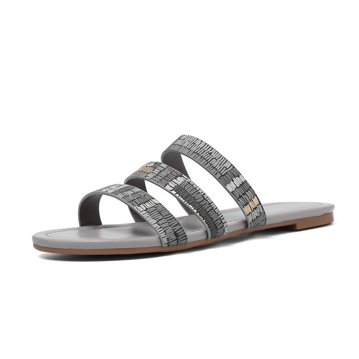 Meotina sommartofflor damskor glitter platta skor bling öppen tå slides dam sandaler brun grå stor storlek 36-45: Grå / 9