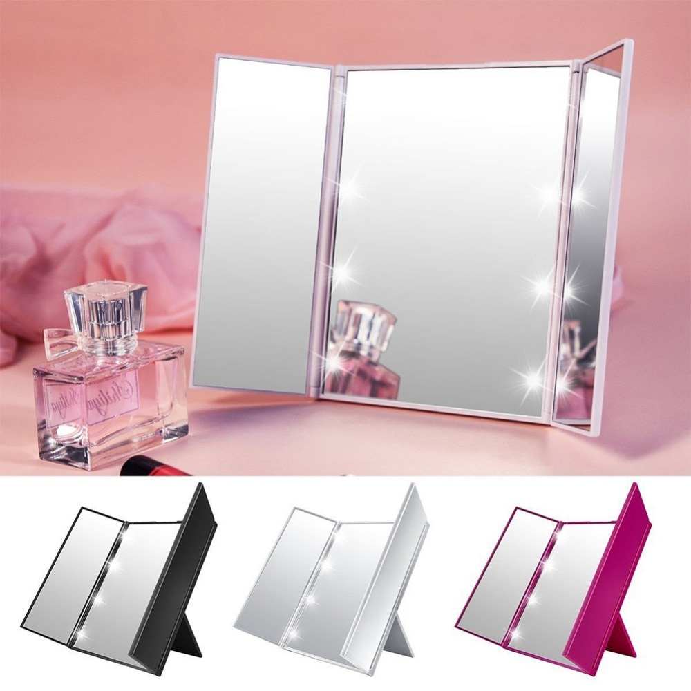 Tresidet foldbart 8 led lys makeup spejl kosmetisk forfængelighed bordspejl til kvinder skønhed makeup værktøj  #250105