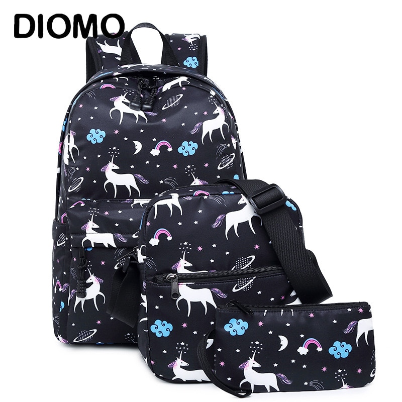 DIOMO unicorn backpack female women school bags set for girl teenagers satchel female animal bagpack kids crossbody bag child