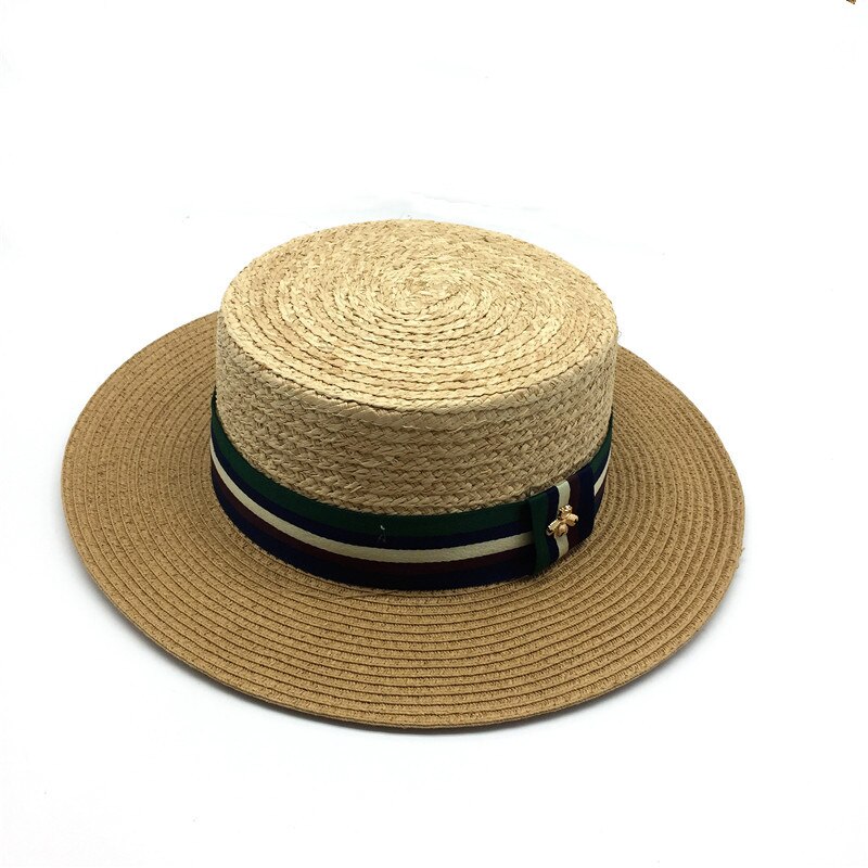 Vrouwen Gestreepte Band Raffia Schipper Natuurlijke Strooien Hoed Meisjes Platte Rand Zomer Strand Floppy Strooien Hoed Met Brede Band