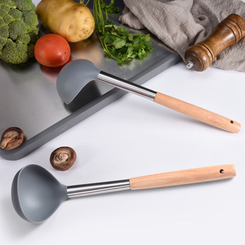 Espátula de silicona Flexible, utensilio de cocina, huevo, galleta, antiadherente, tortitas con mango de madera