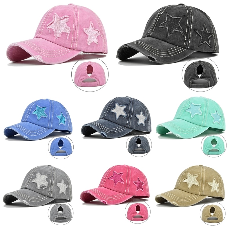 Vrouwen Gewassen Baseball Cap Glitter Ster Borduurwerk Verontruste Paardenstaart Gat Hoed