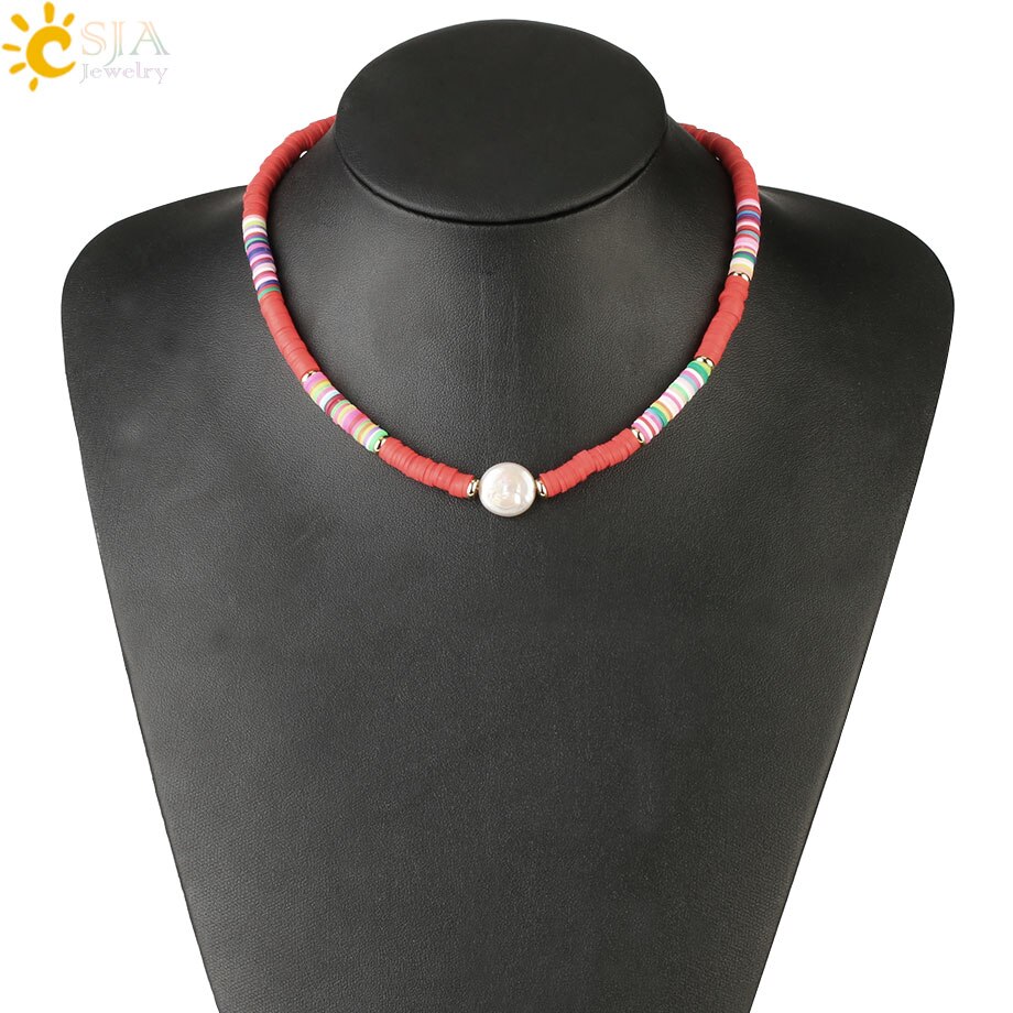 CSJA Böhmischen Perle Halsketten für Frauen Regenbogen Weichen Keramik Reize Boho Halskette Bunte Perle Ethnischen Stil Schmuck S538