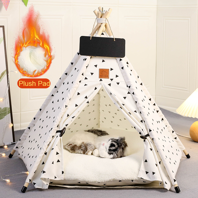 Tente tipi d'hiver pour animaux de compagnie avec coussin double face, côté peluche , base antidérapante, stabilisateurs, entièrement lavable – Idéal pour les chiens et les chats: S / Black