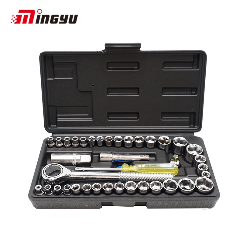 40PCS 1/4 3/8 inch Drive Ratchet Wrench Set Automobile Motorcycle Repair Hand Tool Kit Extension Bar Hex Sockets Ratchet Handle