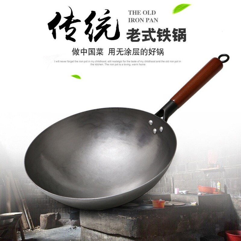 Chinese Traditional Iron Wok Handmade Large Wok&Wooden Handle Non-stick Wok Gas Cooker Pan Kitchen Cookware