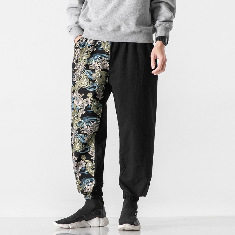 Pantalones bombachos con estampado de dragón chino para hombre, ropa de calle para correr, de chándal de lino y algodón, 5XL, primavera de 2022