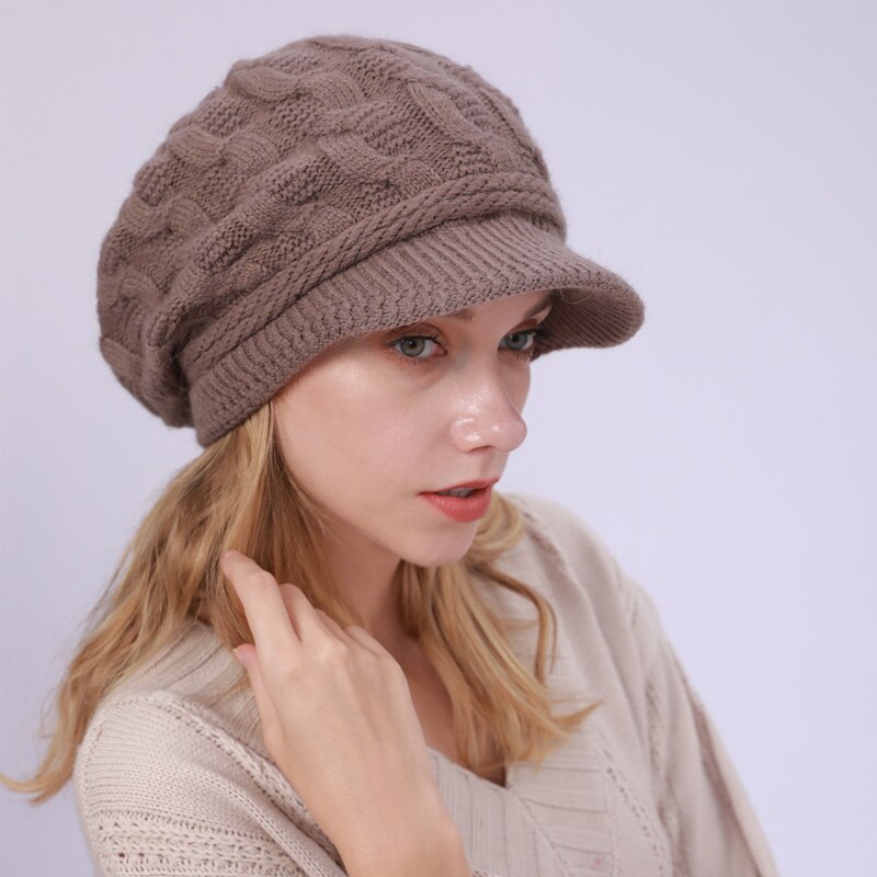 Bonnet d&#39;hiver en fourrure de lapin pour Femme, tricot, Crochet, Ski, Skullies: Khaki