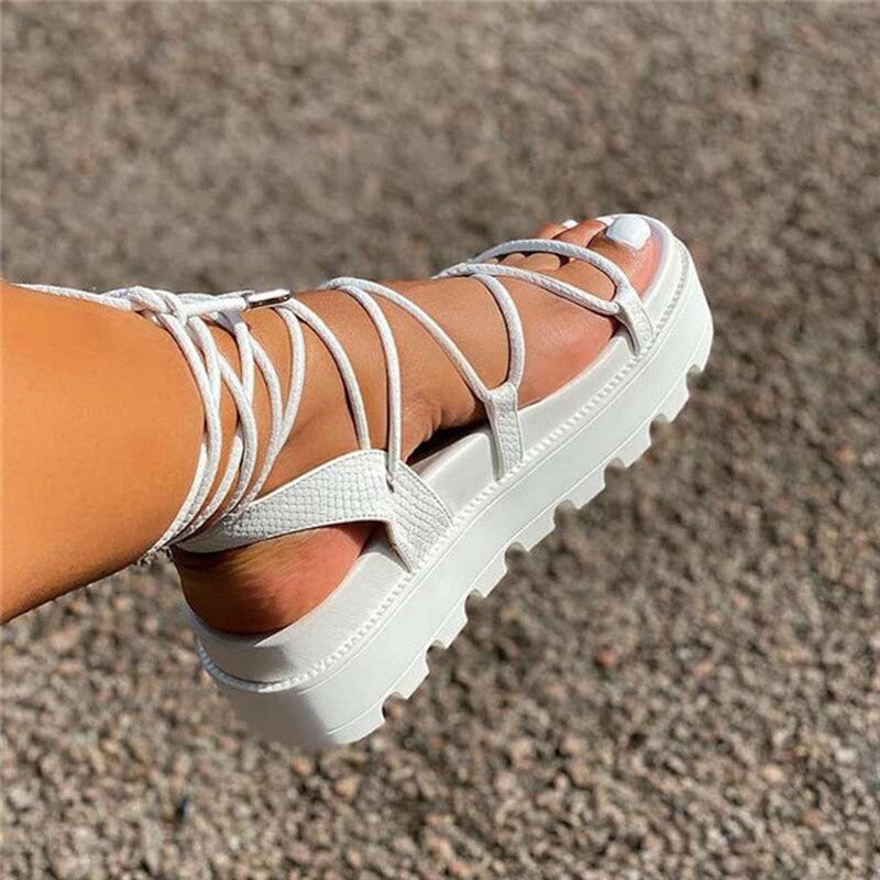 Summer sandals Woman open toes Shoes cross belt Roman shoes sequins Wedges zipper sandals zapatos de mujer zapatos: WHITE / 40