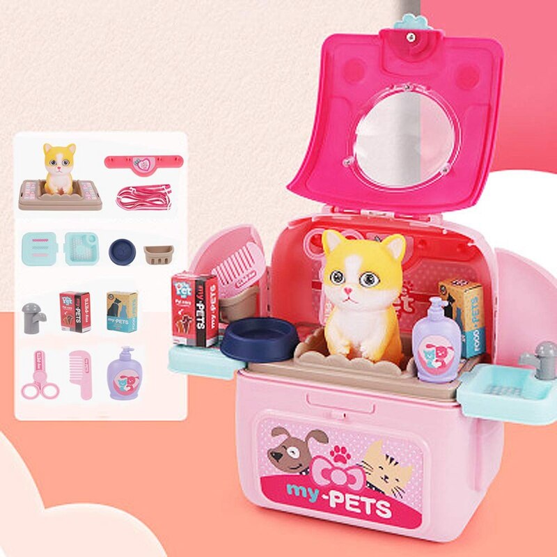 Kids Pet Pretend Play Toy Playset Simulation Portable Backpack Pet Care Toy Early Age Development Educational Toy