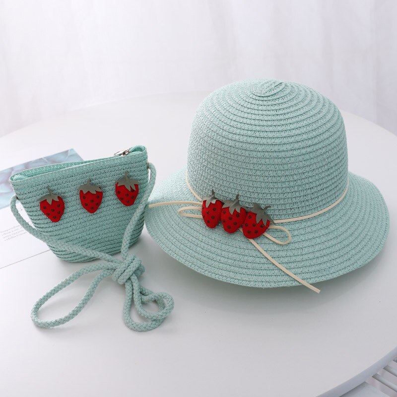Zomer Kind Prinses Leuke Cartoon Stro Hoed Met Handtassen Tassen 2 Stuks Een Set Kids Meisje Baby Boog Plaid panama Zonnehoed: Strawberry  C