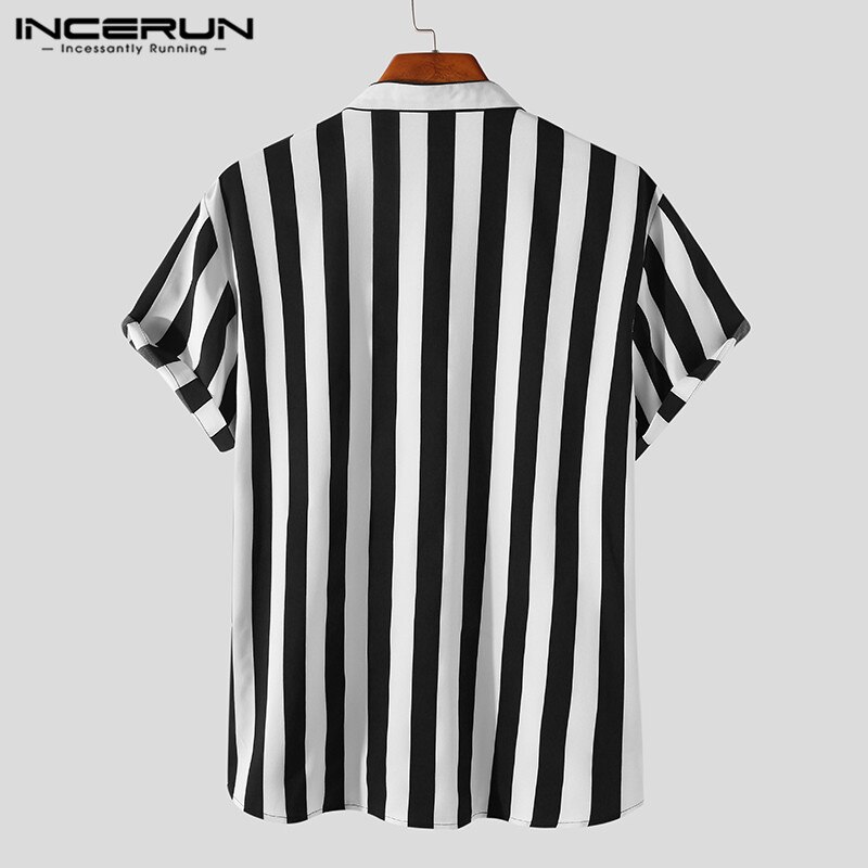 Men Striped Shirt Brand Stand Collar Streetwear Short Sleeve Button Casual Camisas Summer Men Clothing INCERUN S-5XL