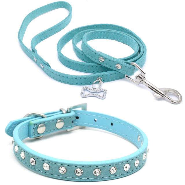 Rhinestone Pet Collar Leash For Small Dogs Adjustable Suede Leather Puppy Cat Walking Leads Outdoor Necklace Leashes Set: Blue / M